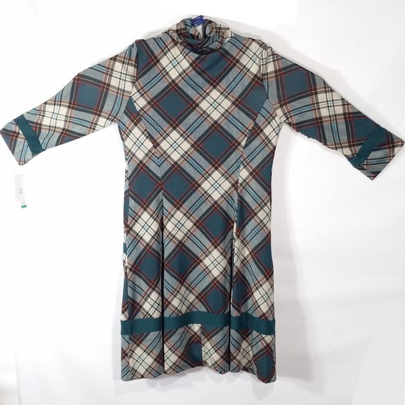 Robbie Bee Signature Sweater Dress Wm Lg Teal Plaid Cowl Turtleneck 3/4 Sleeve - Picture 6 of 12